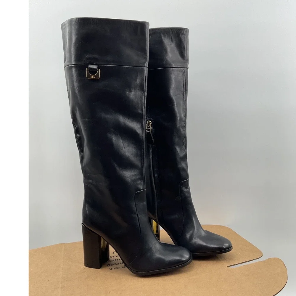Diane von Furstenberg Black Leather Knee High Block Heel Boots Gold Logo DVF